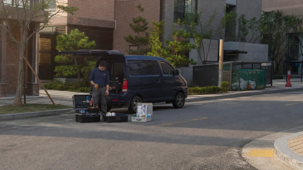 욕실 타일 보수 보수 전에 누수와 바탕 습기를 점검하는 법 과정을 확인하는 실사 사진